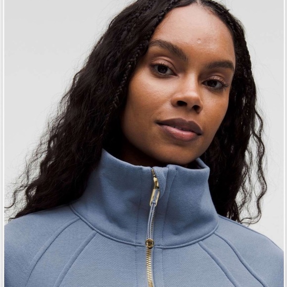 Lululemon Oversized Scuba Wash Denim Blue Funnel-Neck Half Zip w/ Gold Hardware - Picture 2 of 6